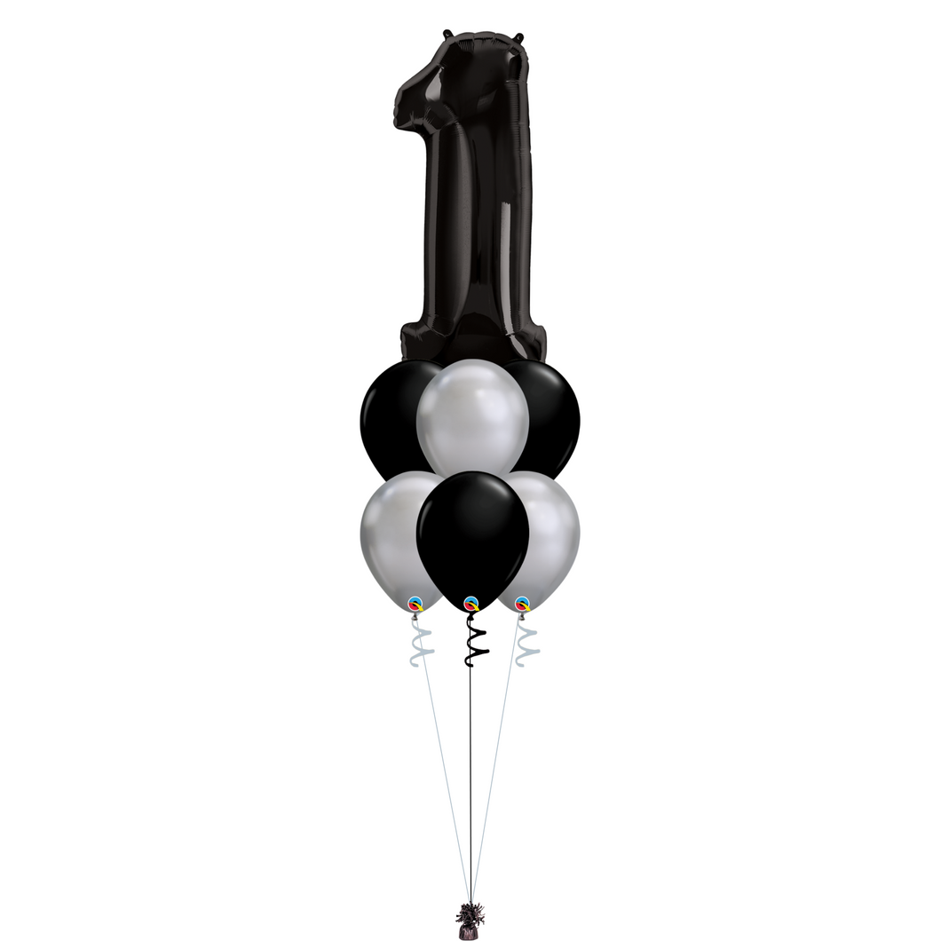 Bouquet of 7 Balloons - Black & Chrome Silver