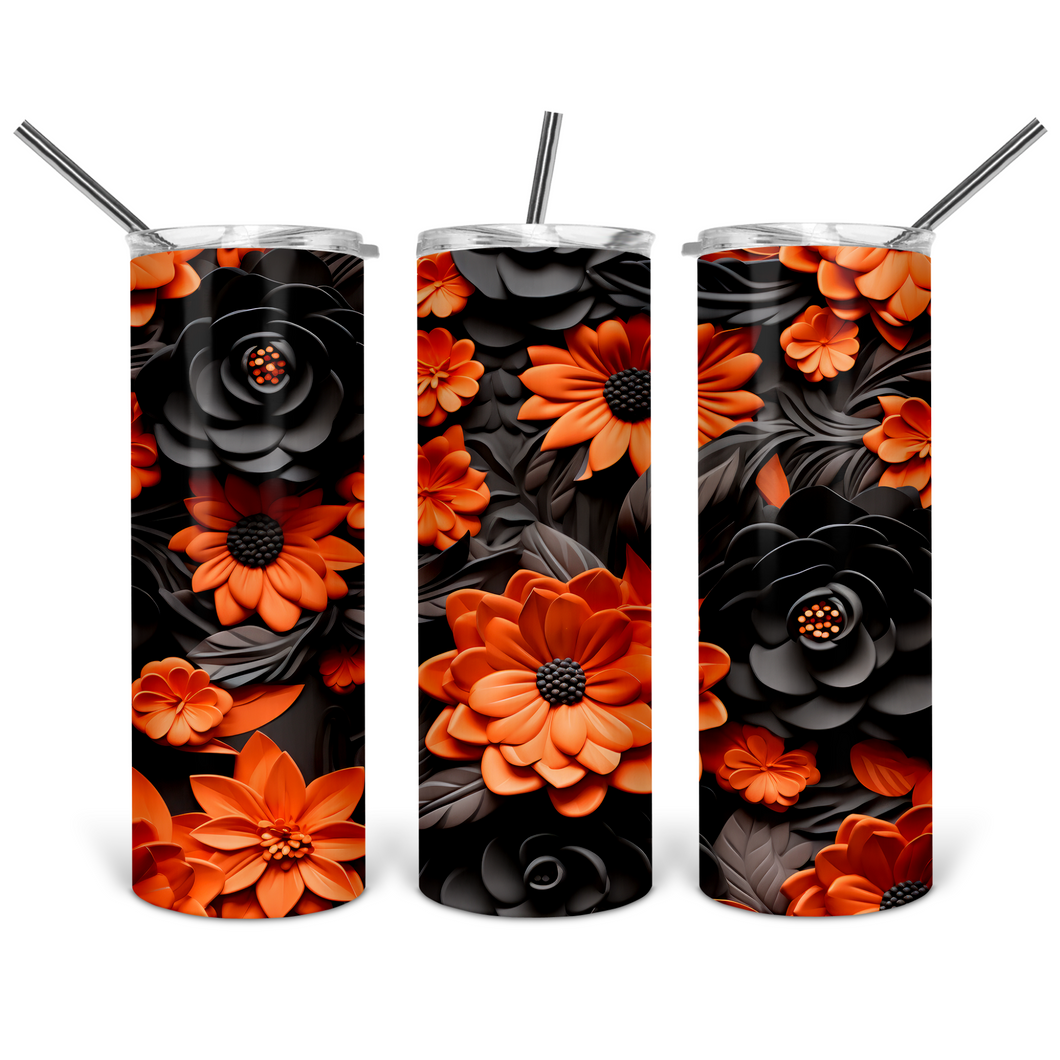 3D Orange And Black Flower Tumbler