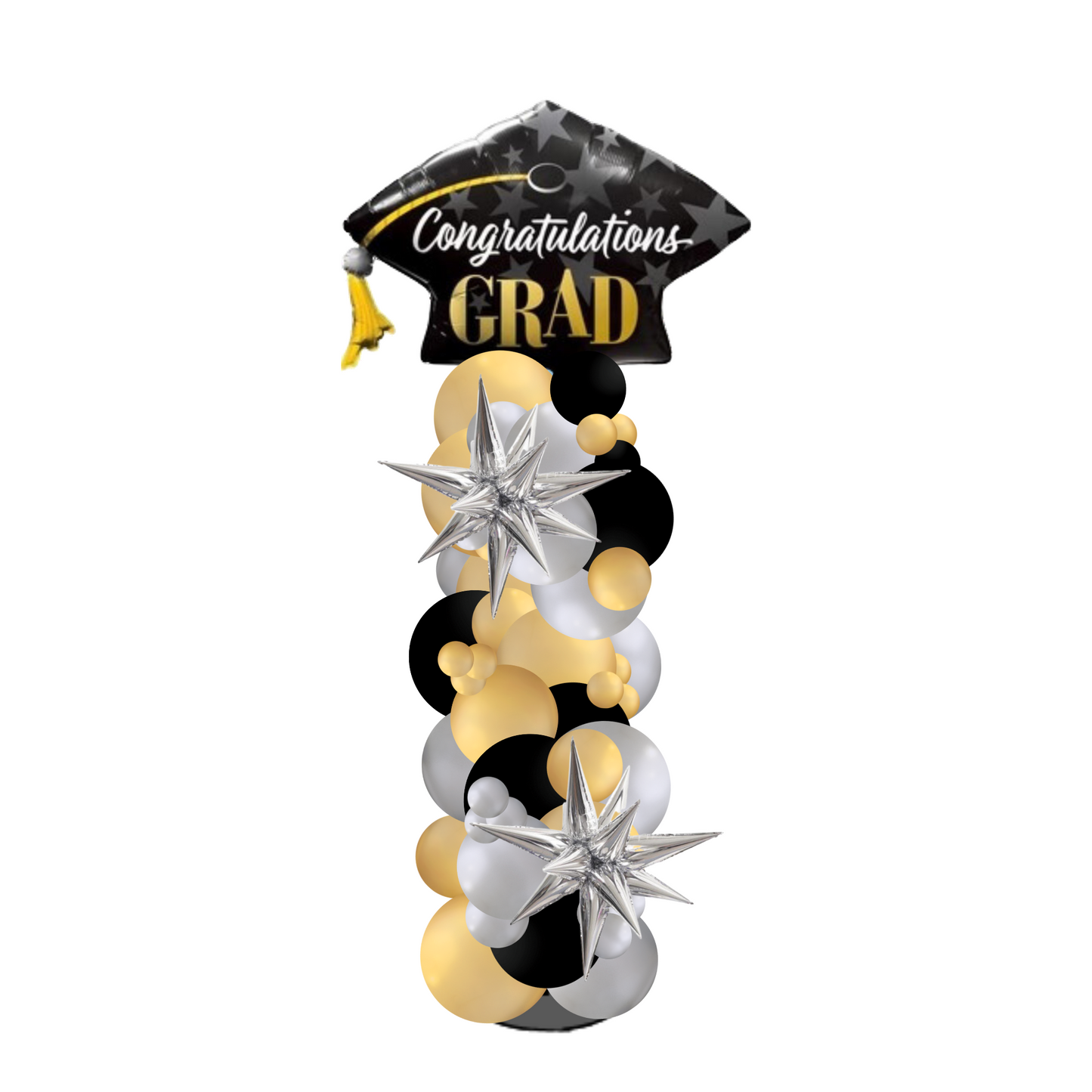 8ft Elegant Balloon Column with Black Grad Cap Topper