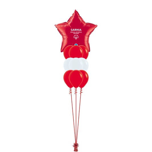 Red balloon bouquet with 'Sarnia' branding on a white background