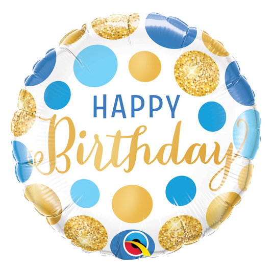 HBD Blue & Gold Dots 18" Foil Balloon