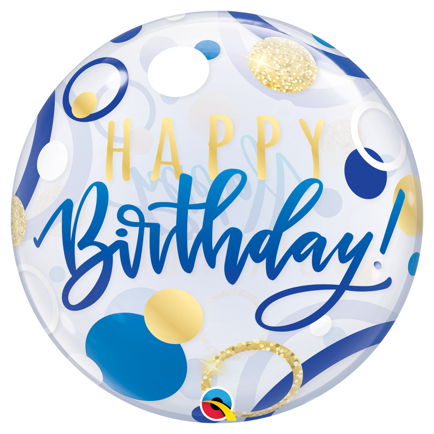 Happy Birthday Blue & Gold Dots 22″ Bubble Balloon