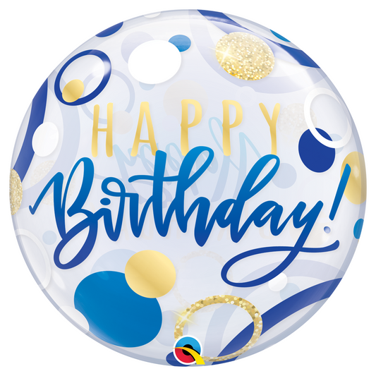 Happy Birthday Blue & Gold Dots 22″ Bubble Balloon