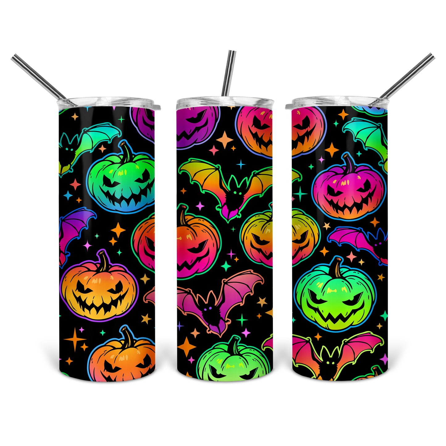 Neon Halloween Pumpkin & Bats Tumbler