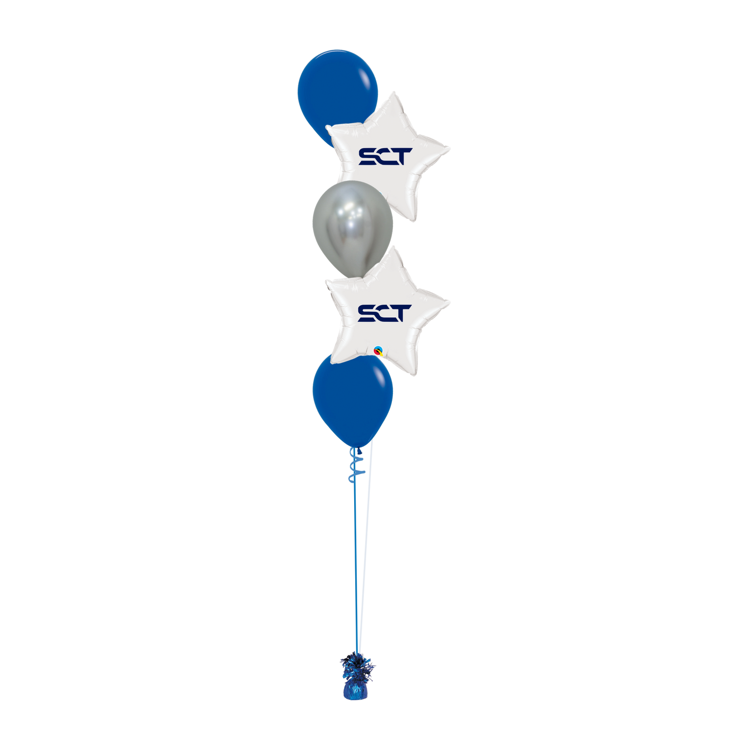 SCT - Bouquet of  5 w/Latex & Logo Balloons - Blue Silver & White (Floor Height)