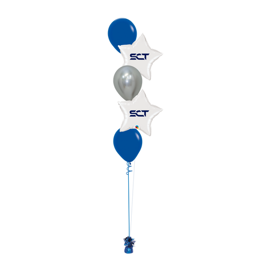 SCT - Bouquet of  5 w/Latex & Logo Balloons - Blue Silver & White (Floor Height)