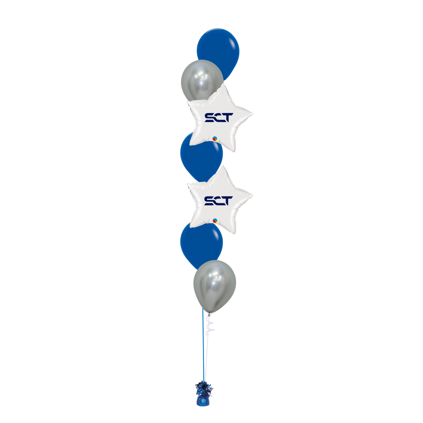 SCT - Bouquet of  7 w/Latex & Logo Balloons - Blue Silver & White (Floor Height)